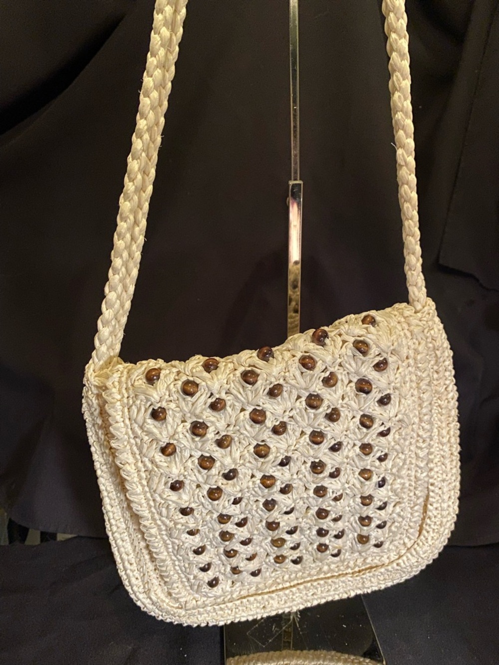 Vintage cream boho macrame crochet and wood beaded shoulder or crossbody bag.
